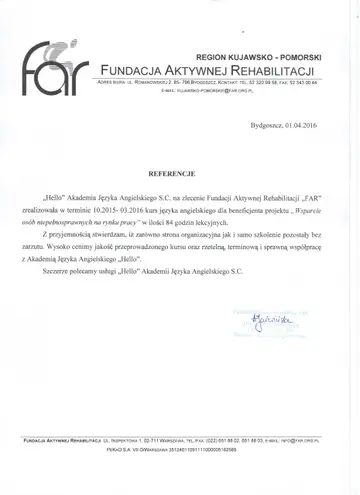 List referencyjny od firmy FAR