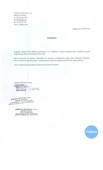 List referencyjny od firmy Mobica