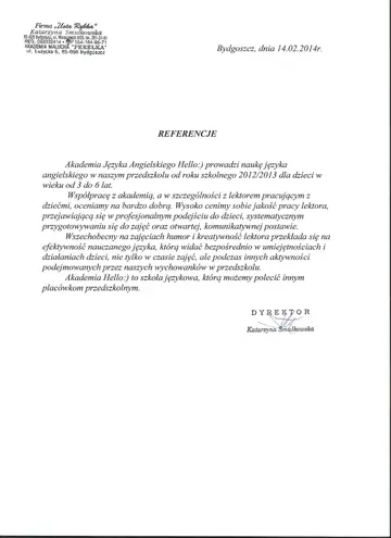 List referencyjny od Przedszkola Perełka