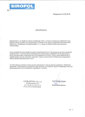 List referencyjny od firmy Siropol