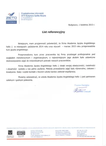 List referencyjny od firmy ZETO